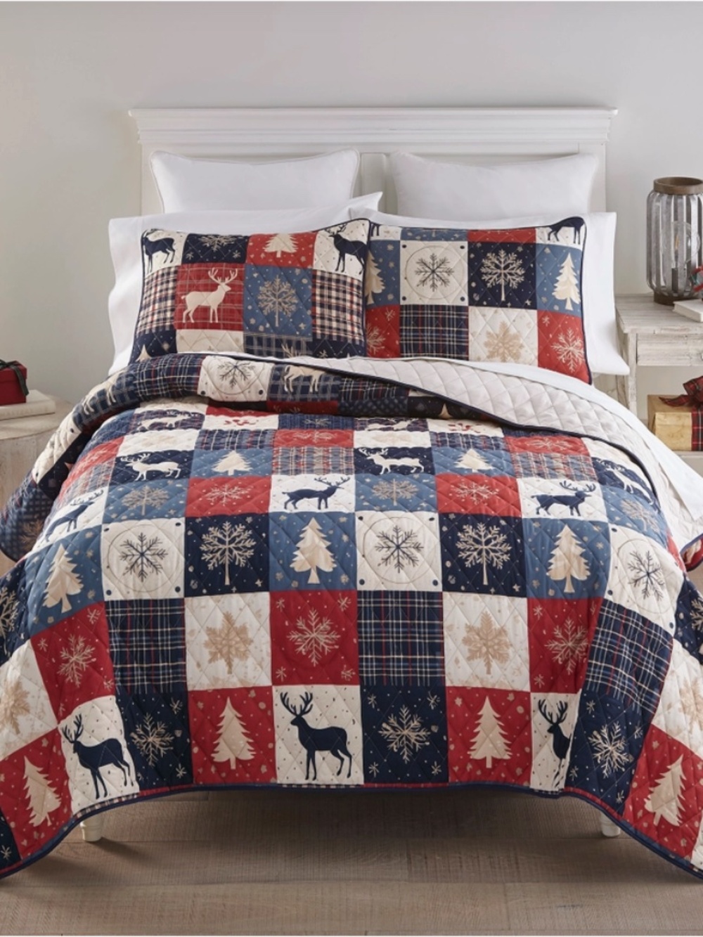 Christmas Holiday Printed Queen Size Quilt Set Patchwork Americana